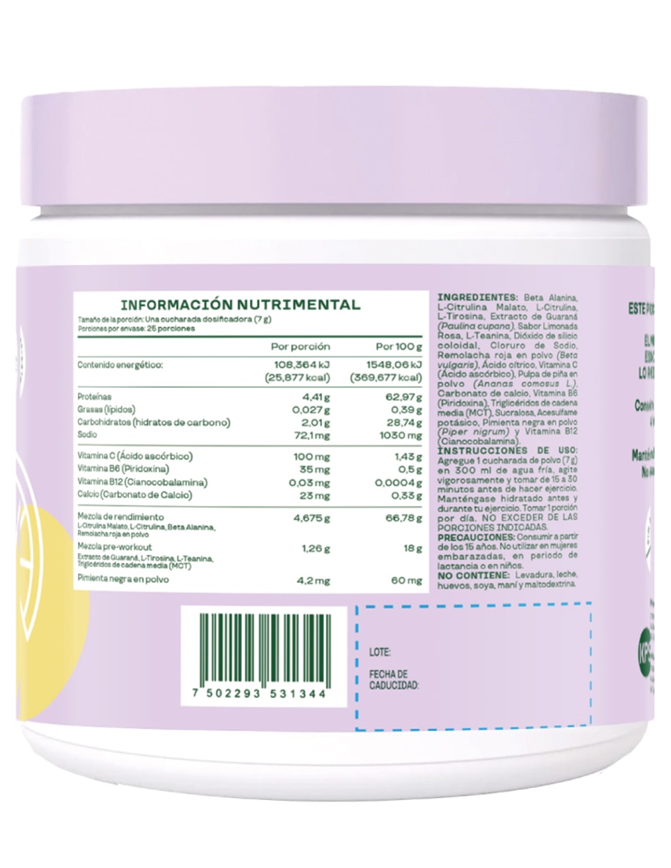 Pre-Workout Bloom con vitamina C, b6, b12 y calcio sabor limonada rosa de 175 g