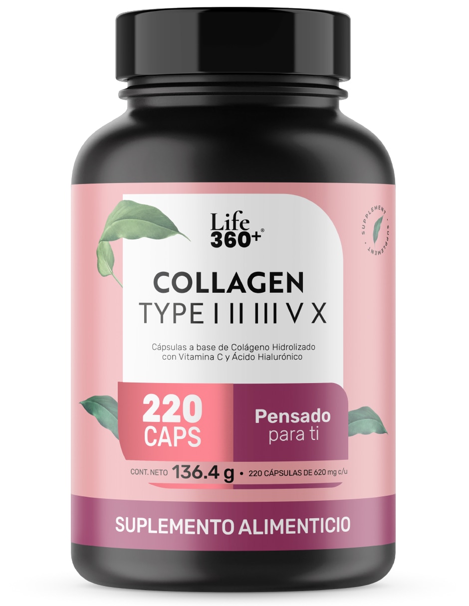 Collagen Type I, II, III, V y X Colágeno Hidrolizado + Vitmina C + Ácido Hialurónico Life 360+ de 240 cápsulas 1