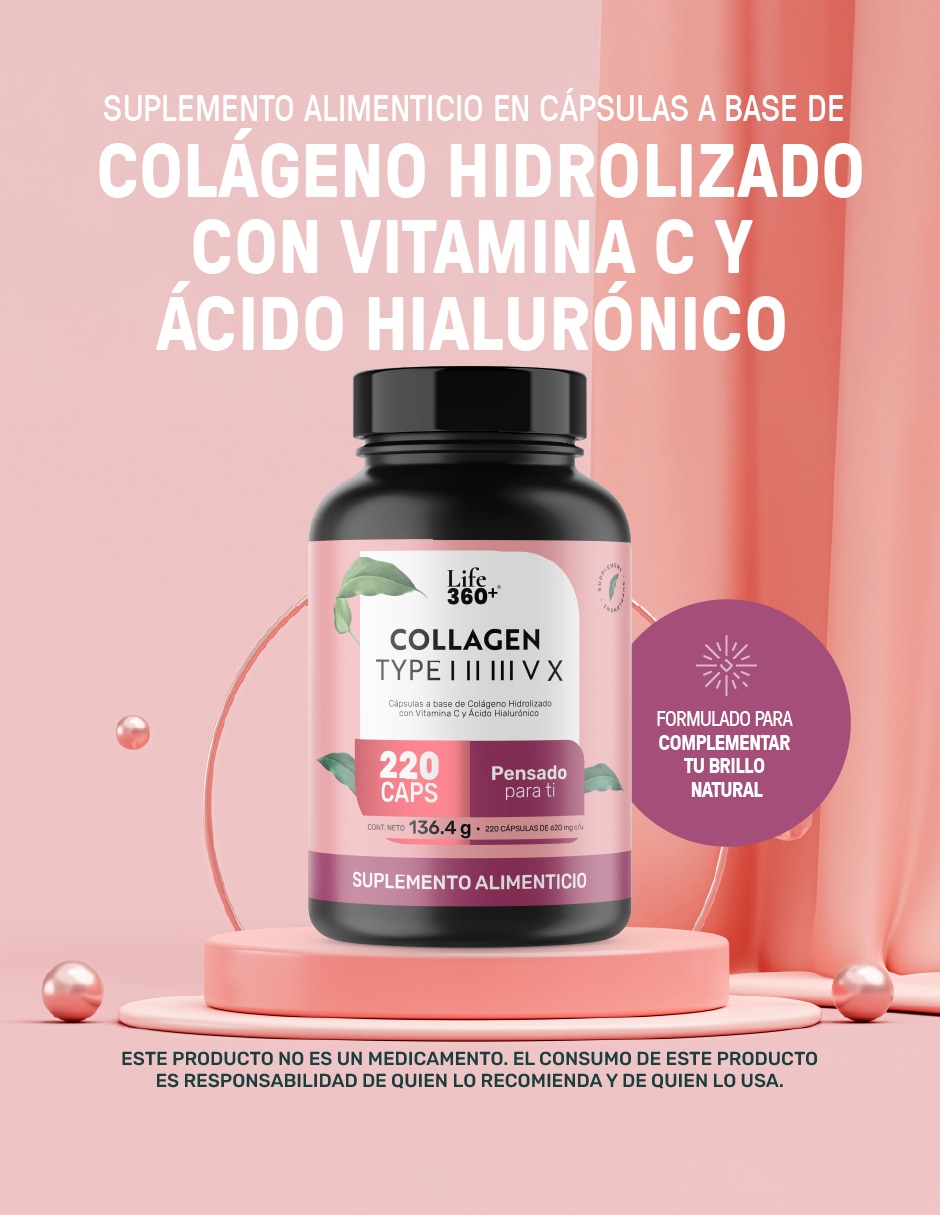 Collagen Type I, II, III, V y X Colágeno Hidrolizado + Vitmina C + Ácido Hialurónico Life 360+ de 240 cápsulas 2