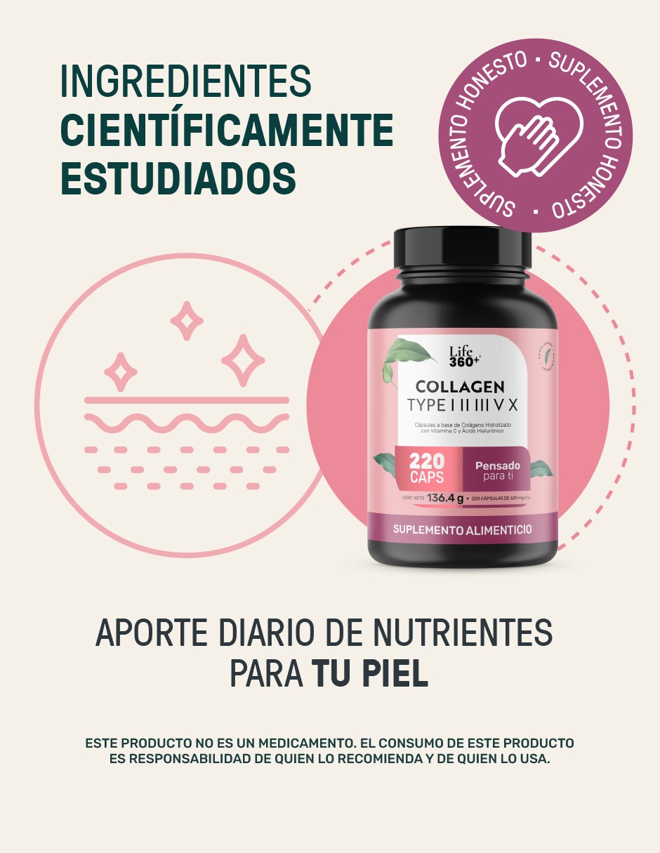 Collagen Type I, II, III, V y X Colágeno Hidrolizado + Vitmina C + Ácido Hialurónico Life 360+ de 240 cápsulas 4
