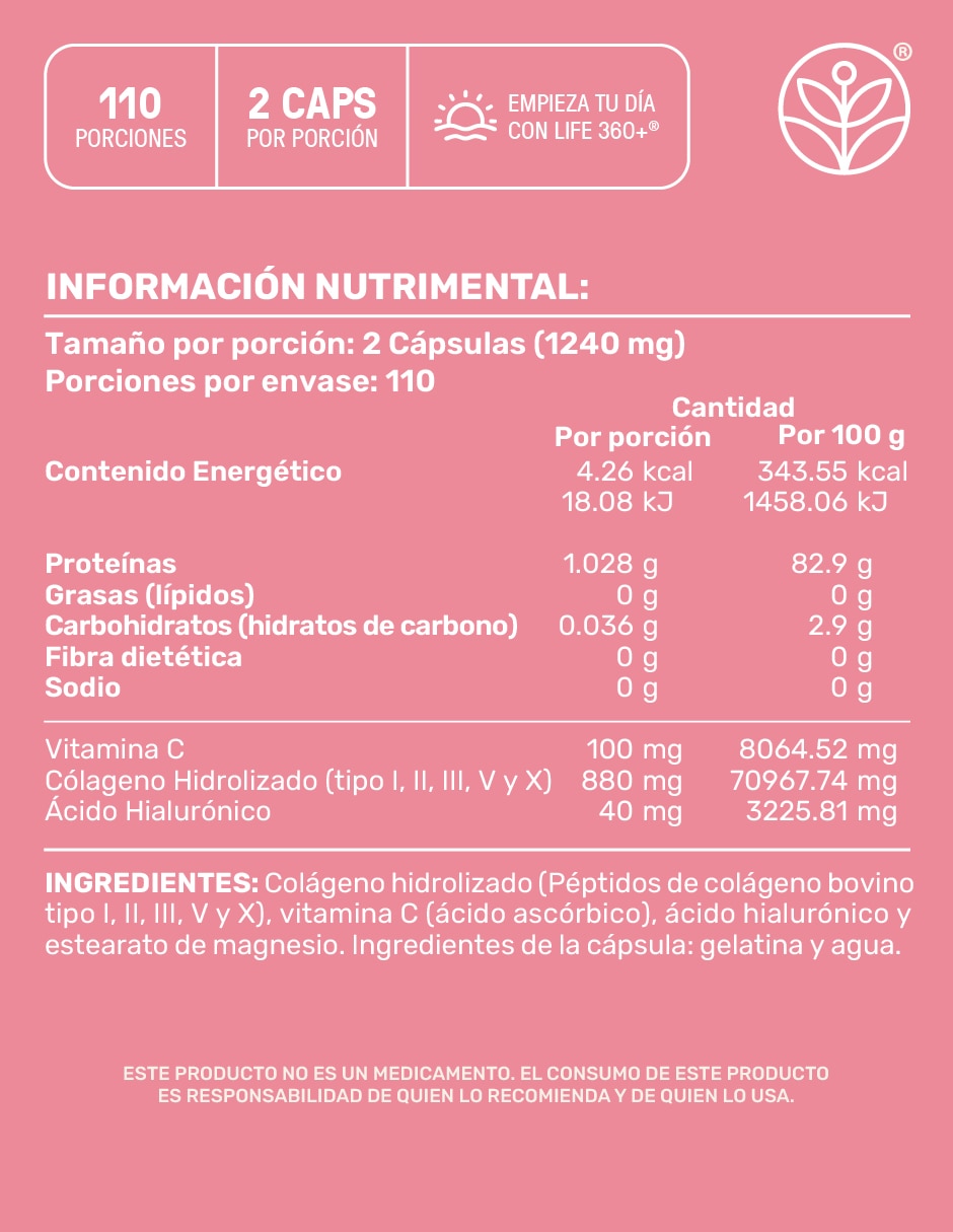 Collagen Type I, II, III, V y X Colágeno Hidrolizado + Vitmina C + Ácido Hialurónico Life 360+ de 240 cápsulas