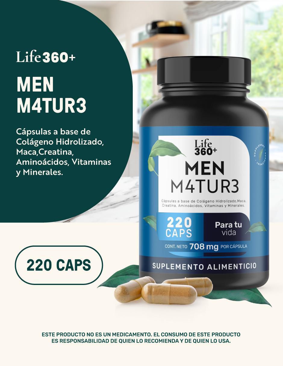 Men M4TUR3: Suplemento masculino a base de Colágeno, Maca, Creatina, Vitaminas y Minerales Life 360+ Life360+ de 220 cápsulas