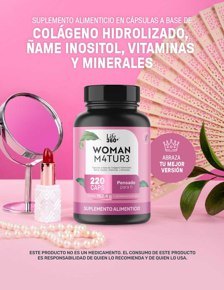 Suplementos alimenticios woman Life360 m4tur3: colágeno hidrolizado + inositol + vitaminas + minerales + ñame Life360+ con colágeno hidrolizado