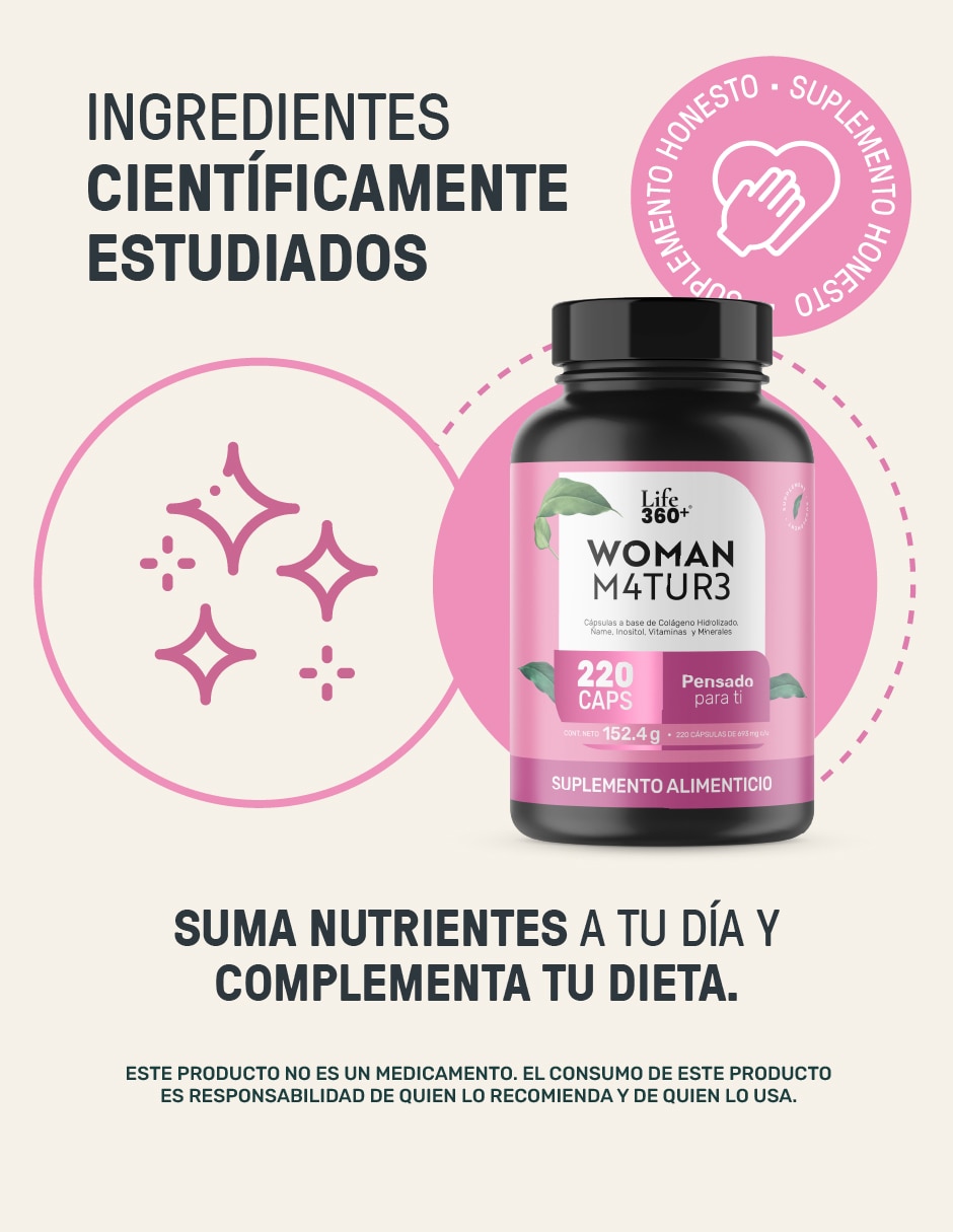 Suplementos alimenticios woman Life360 m4tur3: colágeno hidrolizado + inositol + vitaminas + minerales + ñame Life360+ con colágeno hidrolizado