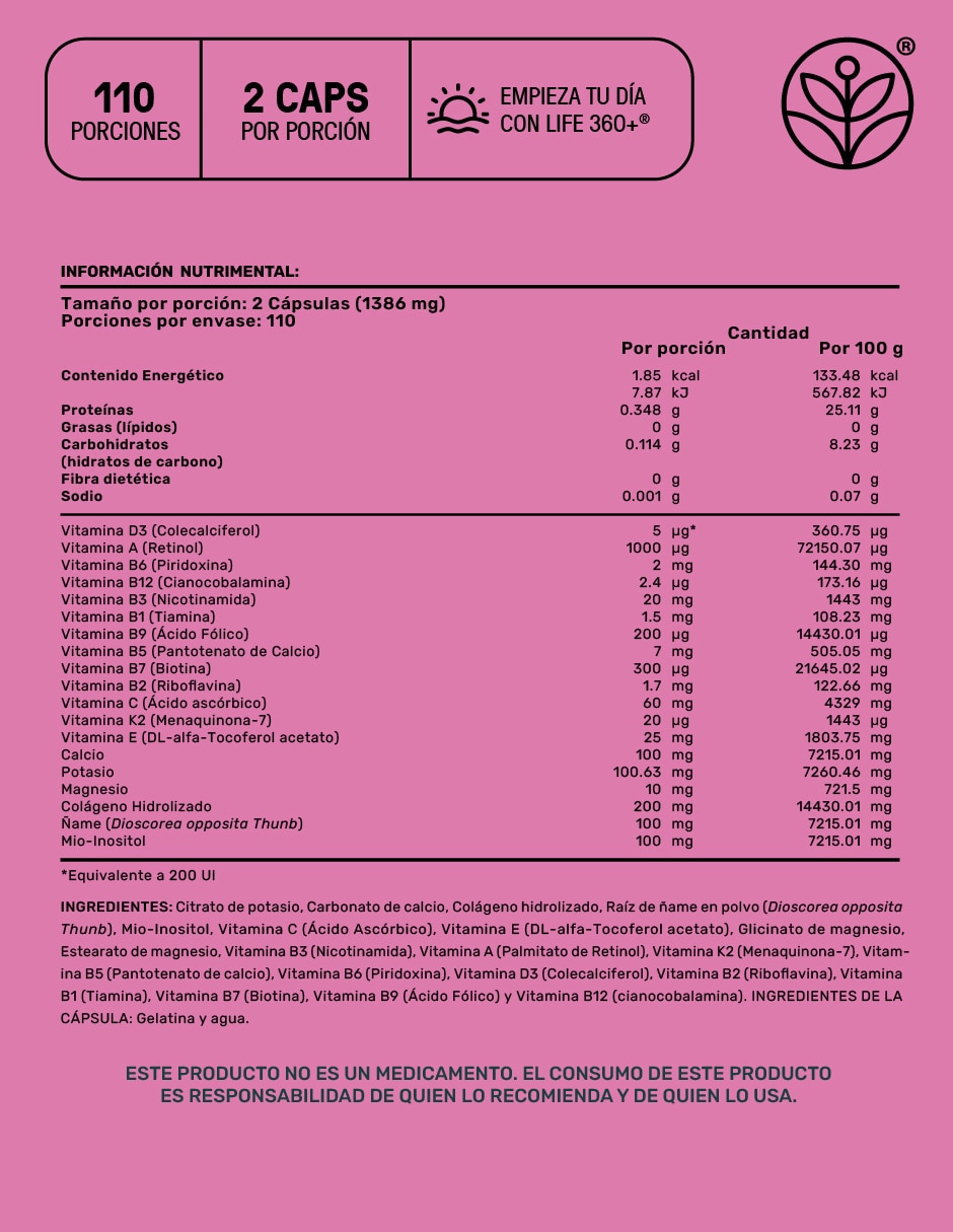 Suplementos alimenticios woman Life360 m4tur3: colágeno hidrolizado + inositol + vitaminas + minerales + ñame Life360+ con colágeno hidrolizado