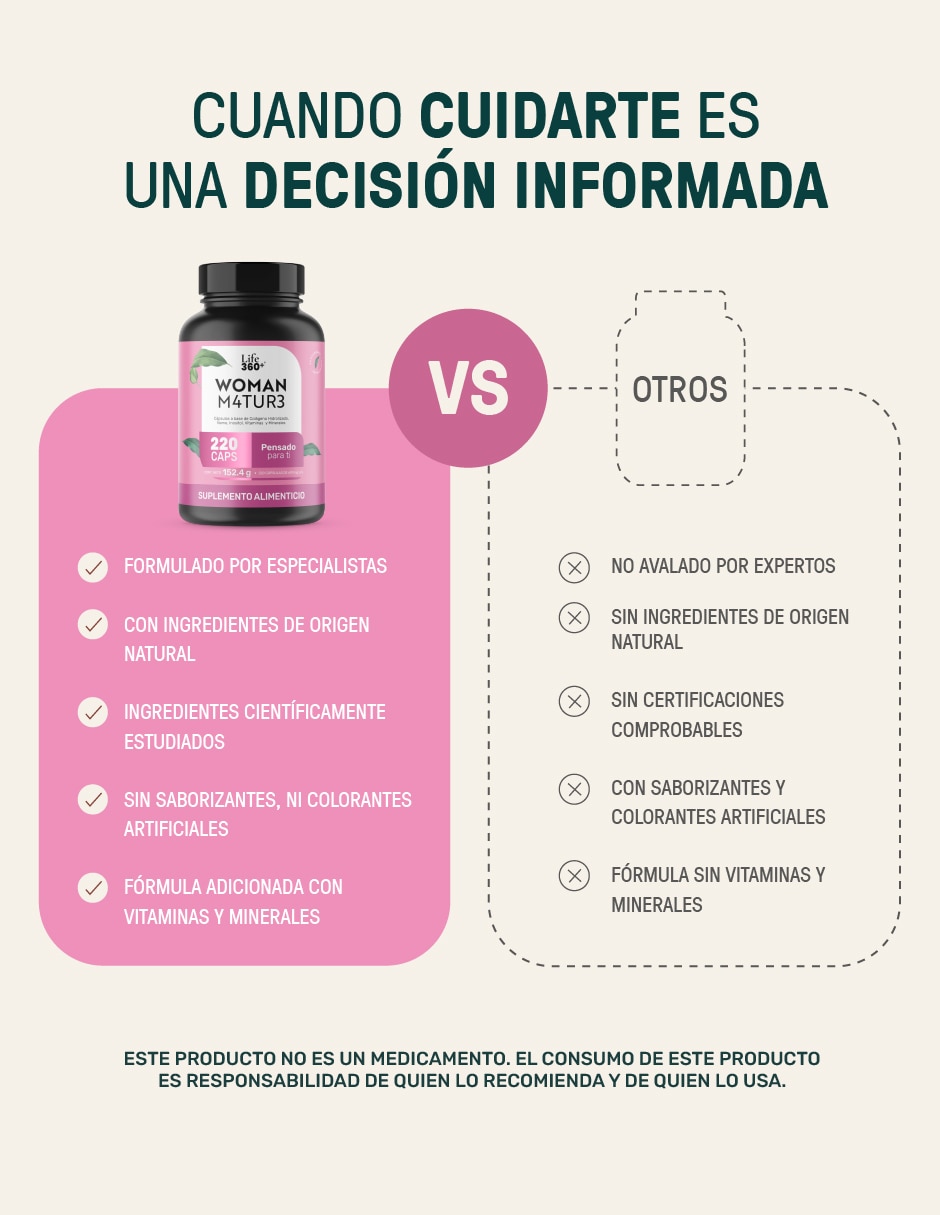 Suplementos alimenticios woman Life360 m4tur3: colágeno hidrolizado + inositol + vitaminas + minerales + ñame Life360+ con colágeno hidrolizado