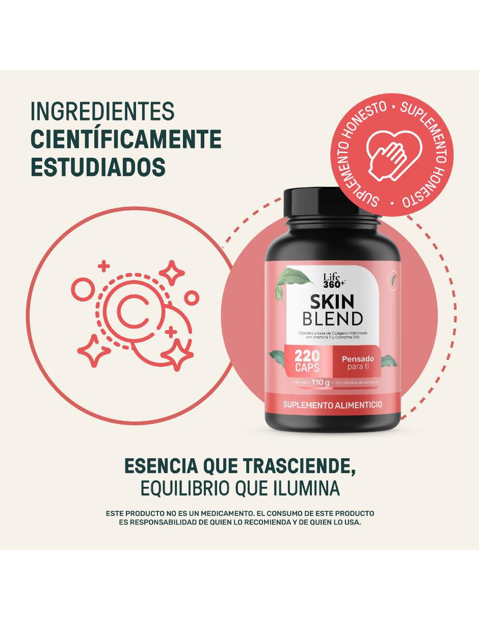 Skn q-10: colágeno hidrolizado con vitamina e y coenzima q10 life 360+ life360+ con colágeno hidrolizado sabor sin sabor de 220 cáp