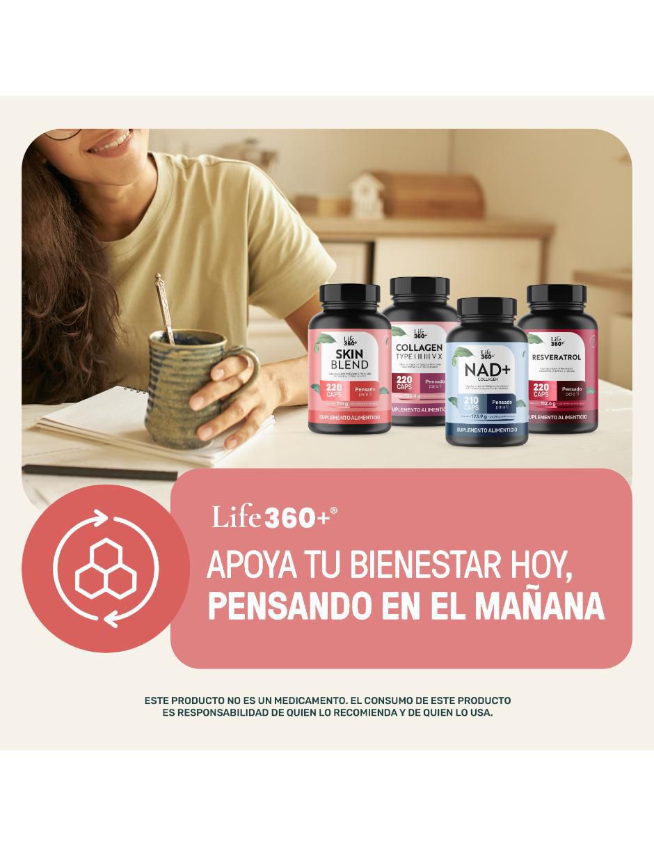Skn q-10: colágeno hidrolizado con vitamina e y coenzima q10 life 360+ life360+ con colágeno hidrolizado sabor sin sabor de 220 cáp