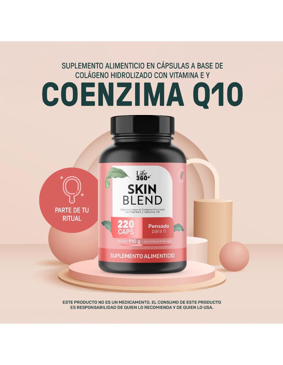 Skn q-10: colágeno hidrolizado con vitamina e y coenzima q10 life 360+ life360+ con colágeno hidrolizado sabor sin sabor de 220 cáp