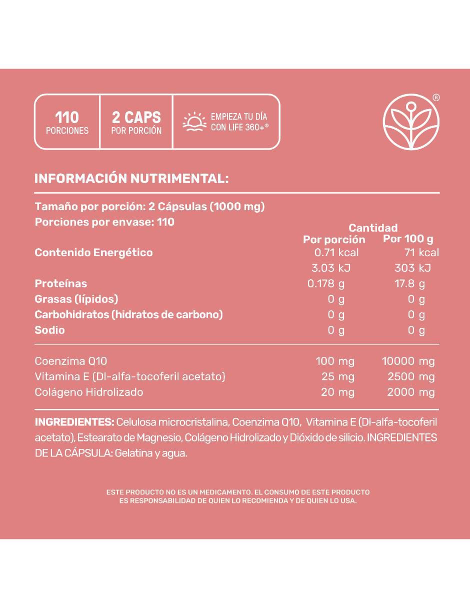 Skn q-10: colágeno hidrolizado con vitamina e y coenzima q10 life 360+ life360+ con colágeno hidrolizado sabor sin sabor de 220 cáp