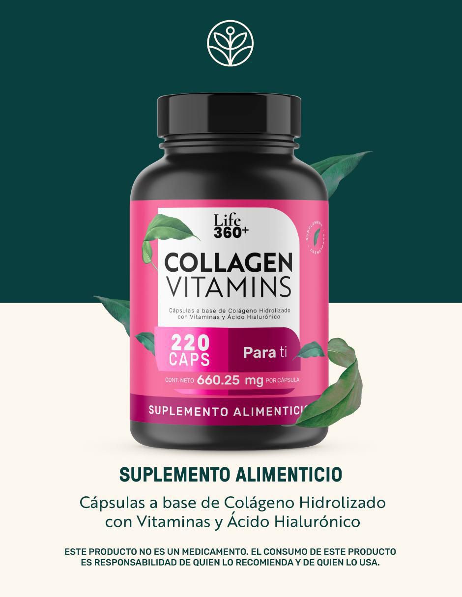 Collagen Vitamins: Colágeno hidrolizado Vitaminas Ácido fólico y Hialurónico Life360 de 220 cápsulas 2