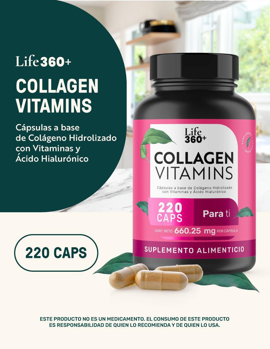Collagen Vitamins: Colágeno hidrolizado Vitaminas Ácido fólico y Hialurónico Life360 de 220 cápsulas 4