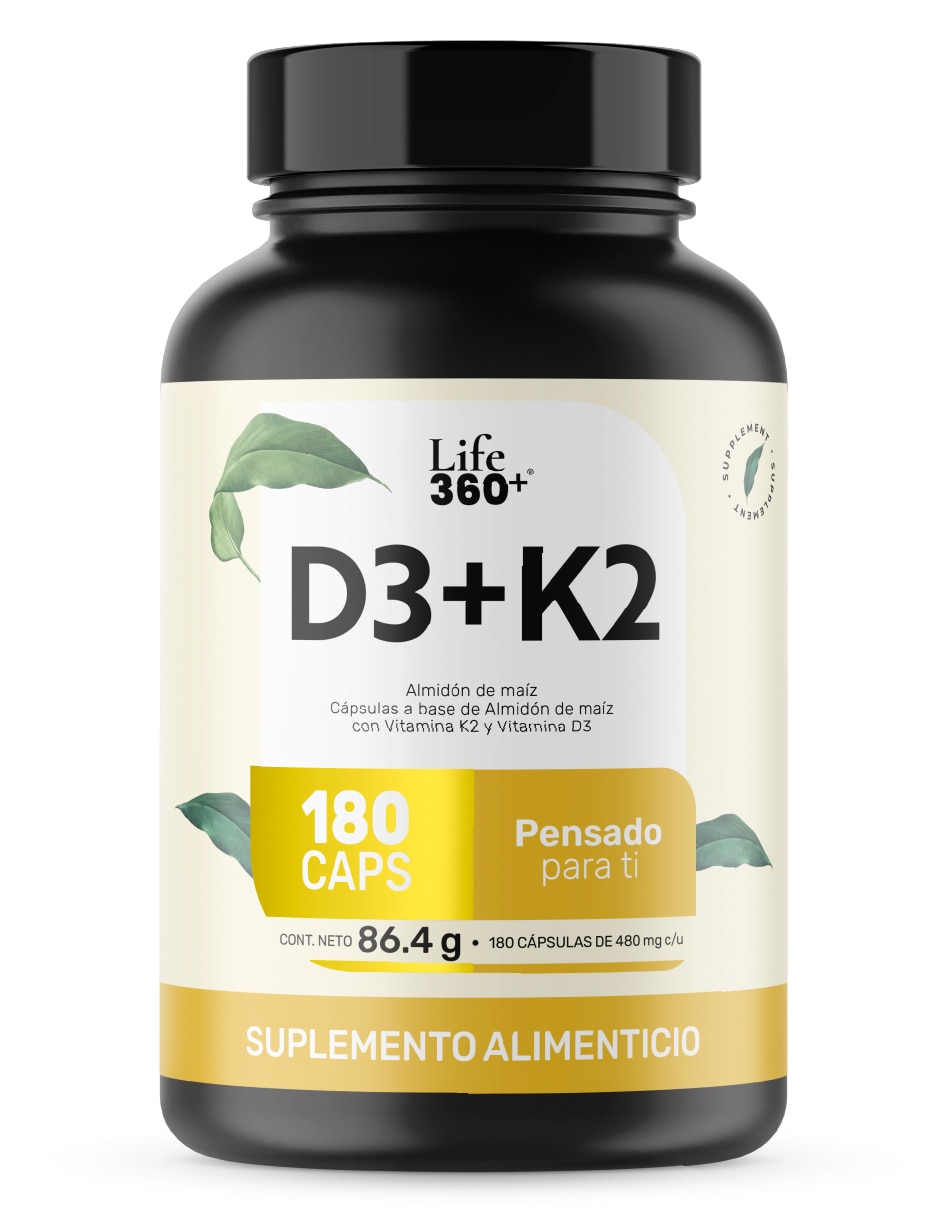 Suplemento D3+K2 Life360+ con vitaminas de 180 cápsulas
