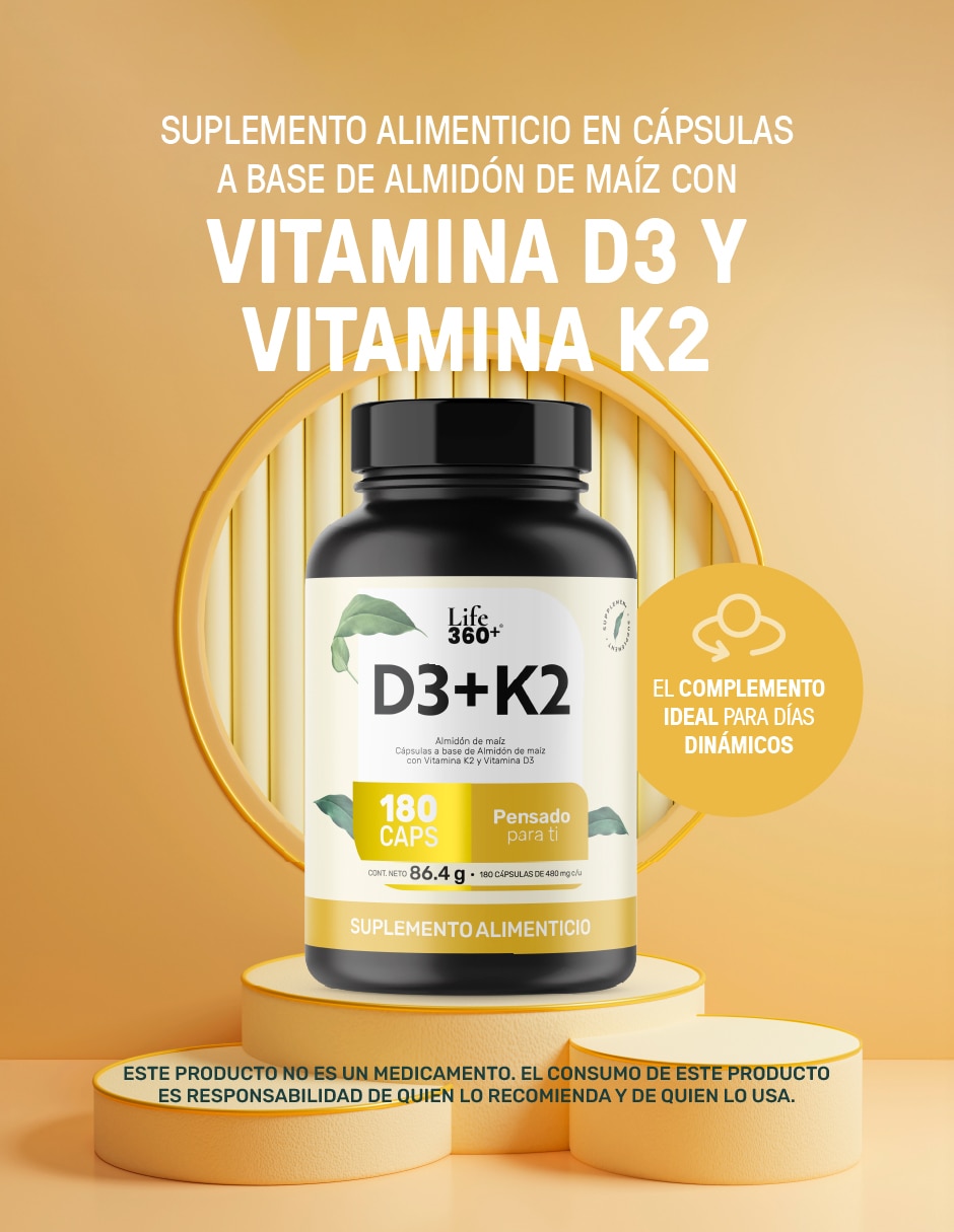 Suplemento D3+K2 con vitamina K2 y vitamina D3 de 180 cápsulas
