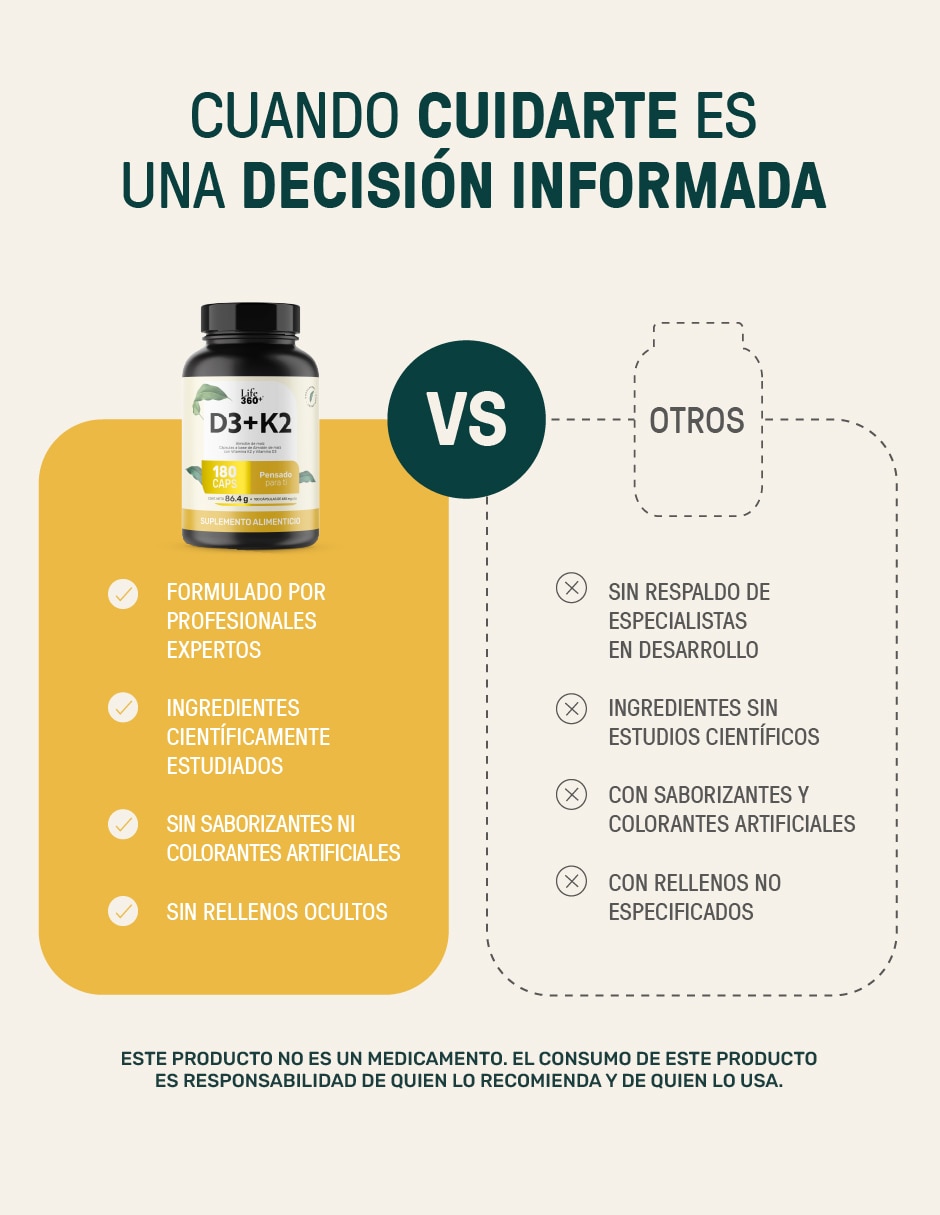 Suplemento D3+K2 con vitamina K2 y vitamina D3 de 180 cápsulas