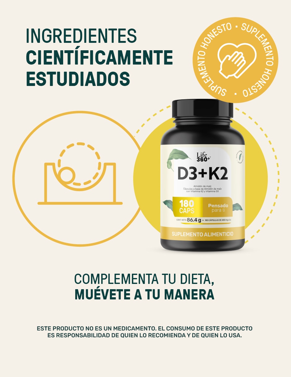 Suplemento D3+K2 con vitamina K2 y vitamina D3 de 180 cápsulas