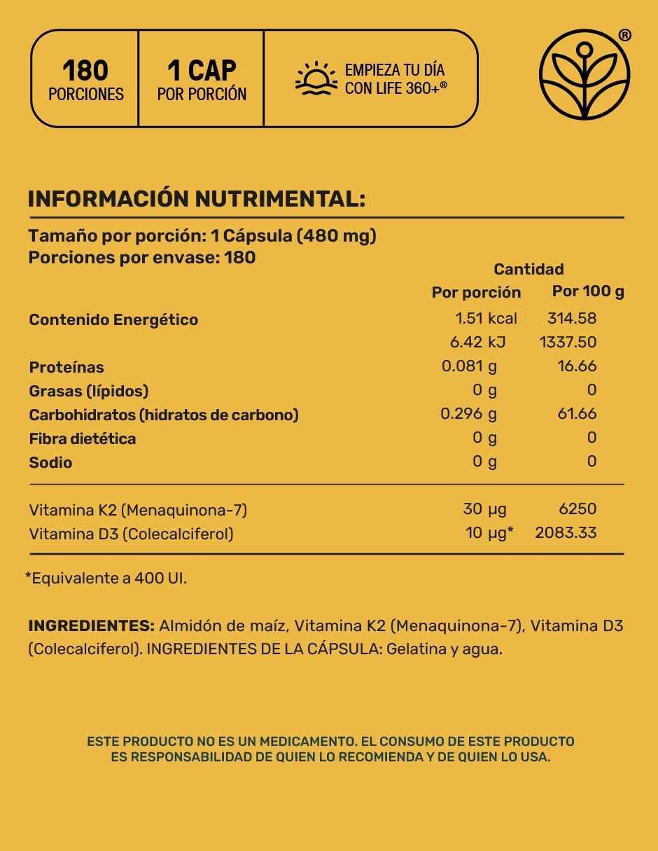 Suplemento D3+K2 con vitamina K2 y vitamina D3 de 180 cápsulas