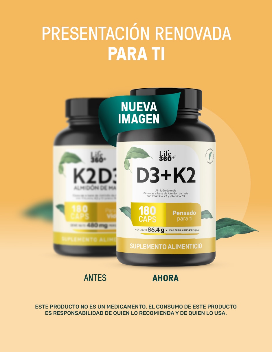Suplemento D3+K2 con vitamina K2 y vitamina D3 de 180 cápsulas
