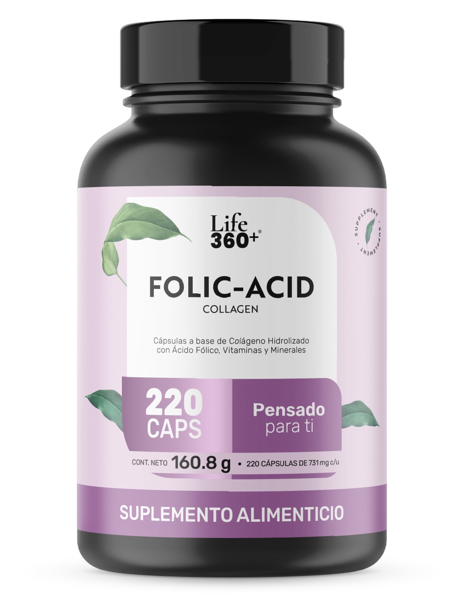 Folic-Acid Collagen: Colágeno hidrolizado + Ácido fólico + Vitaminas y minerales Life 360+ Life360+ de 220 cápsulas