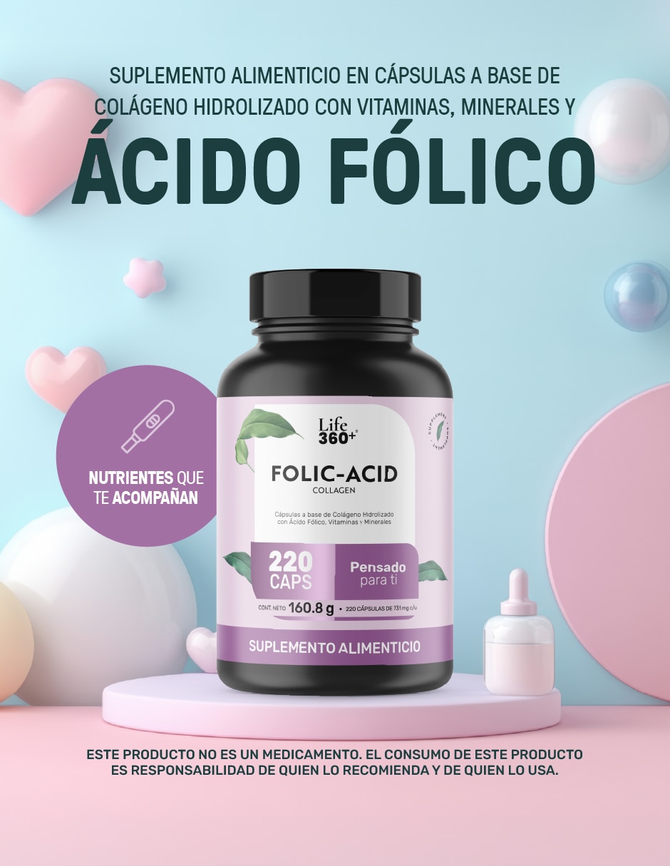 Folic-Acid Collagen: Colágeno hidrolizado + Ácido fólico + Vitaminas y minerales de 220 cápsulas 2