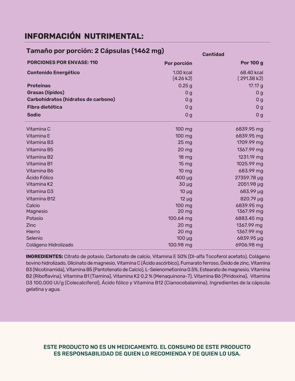Folic-Acid Collagen: Colágeno hidrolizado + Ácido fólico + Vitaminas y minerales Life 360+ de 220 cápsulas