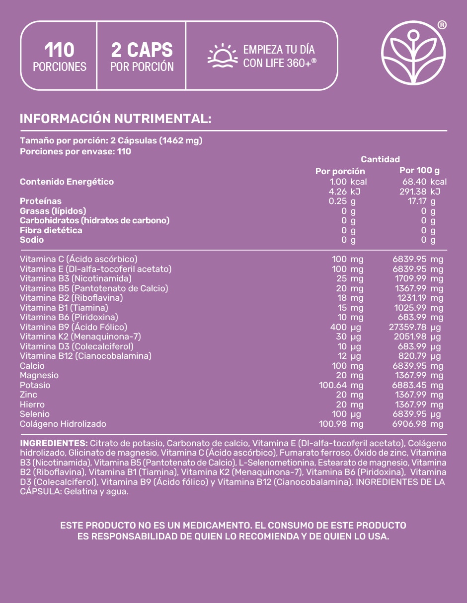 Folic-Acid Collagen: Colágeno hidrolizado + Ácido fólico + Vitaminas y minerales de 220 cápsulas 6