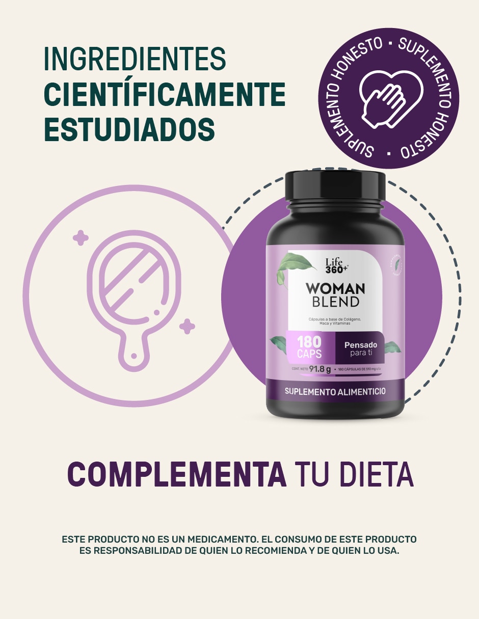 Multivitamínico para mujer con Colágeno Hidrolizado, Biotina, Ácido Fólico, Vitamina A, C, D, B12 y Zinc, Life360+ 180 cápsulas
