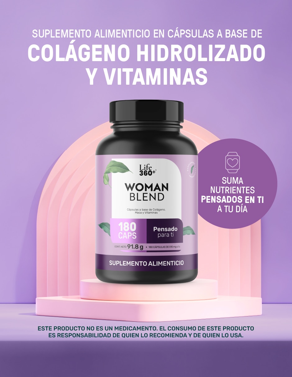 Multivitamínico para mujer con Colágeno Hidrolizado, Biotina, Ácido Fólico, Vitamina A, C, D, B12 y Zinc, Life360+ 180 cápsulas