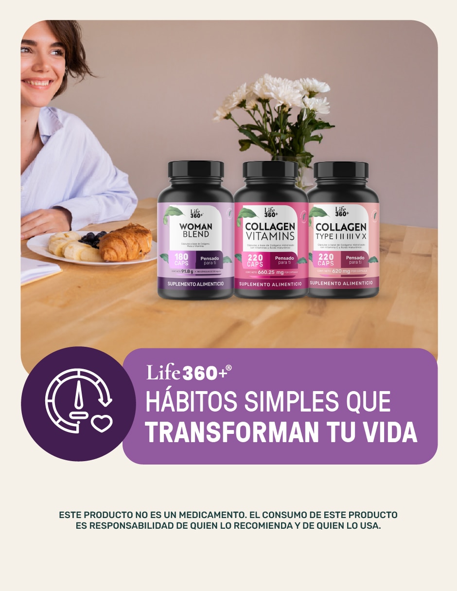 Multivitamínico para mujer con Colágeno Hidrolizado, Biotina, Ácido Fólico, Vitamina A, C, D, B12 y Zinc, Life360+ 180 cápsulas