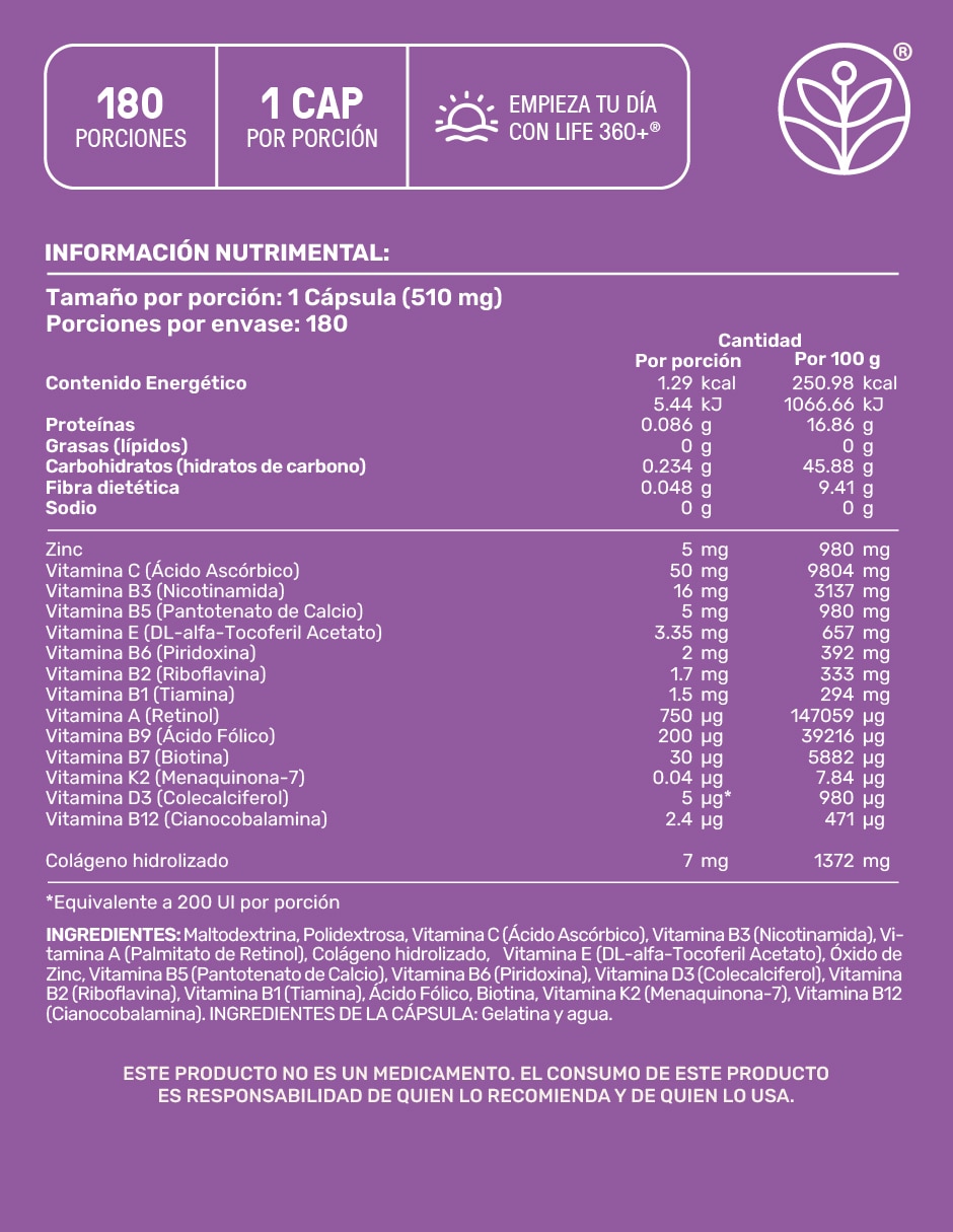 Multivitamínico para mujer con Colágeno Hidrolizado, Biotina, Ácido Fólico, Vitamina A, C, D, B12 y Zinc, Life360+ 180 cápsulas