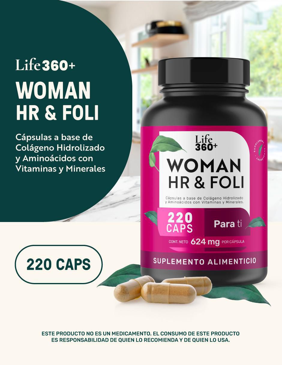Woman Hr & Foli: Colágeno hidrolizado Aminoácidos Vitaminas y minerales Life 360 Life360 de 220 cápsulas