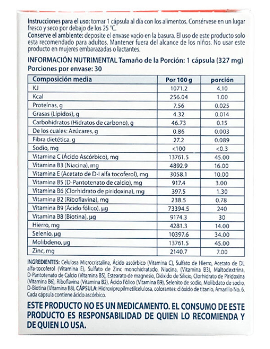 Anacaps Activ+ con zinc, hierro, selenio, molibdeno, vitamina b2, b3, b5, b6, b8, b9, c, e, pp