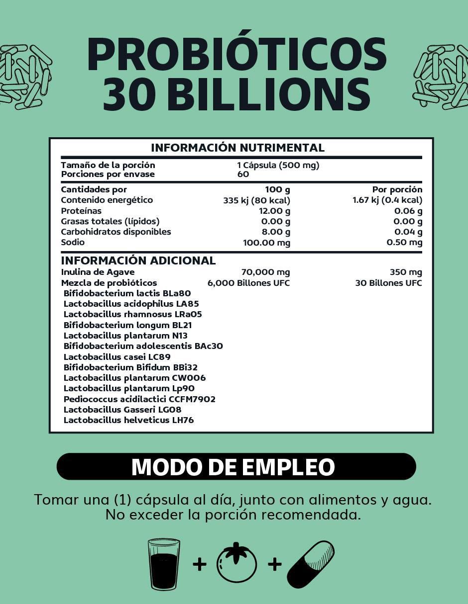 Probioticos 30 Billion Prebióticos Inulina de Agave 13 Cepas de 60 cápsulas Probioticos 30 Billion Prebióticos Inulina de Agave 13 Cepas de 60 cápsulas