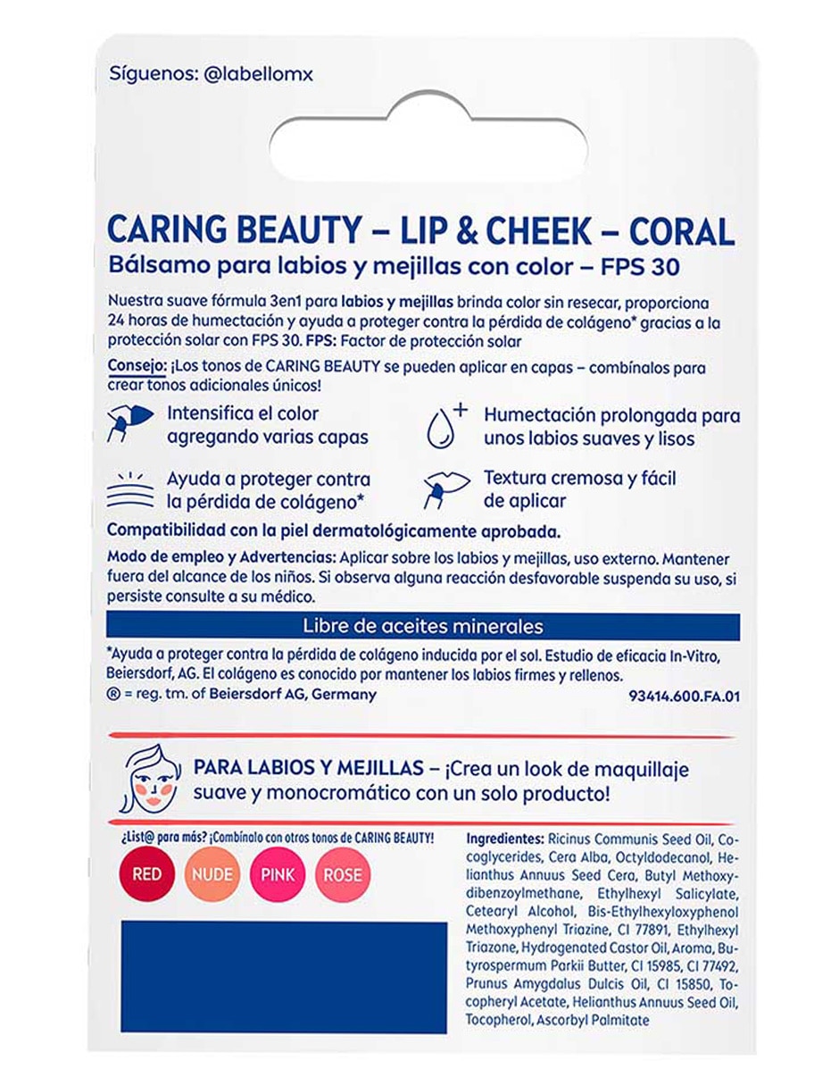 Bálsamo facial Caring Beauty Lip & Cheek Coral Labello para hidratar