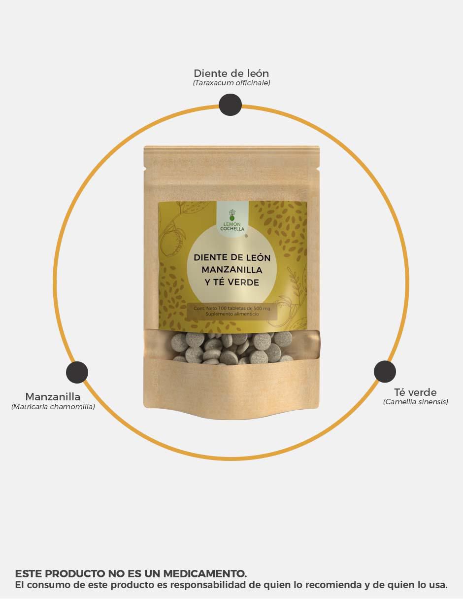 Diente de León Manzanilla y Té Verde con hoja de diente de león de 100 tabletas