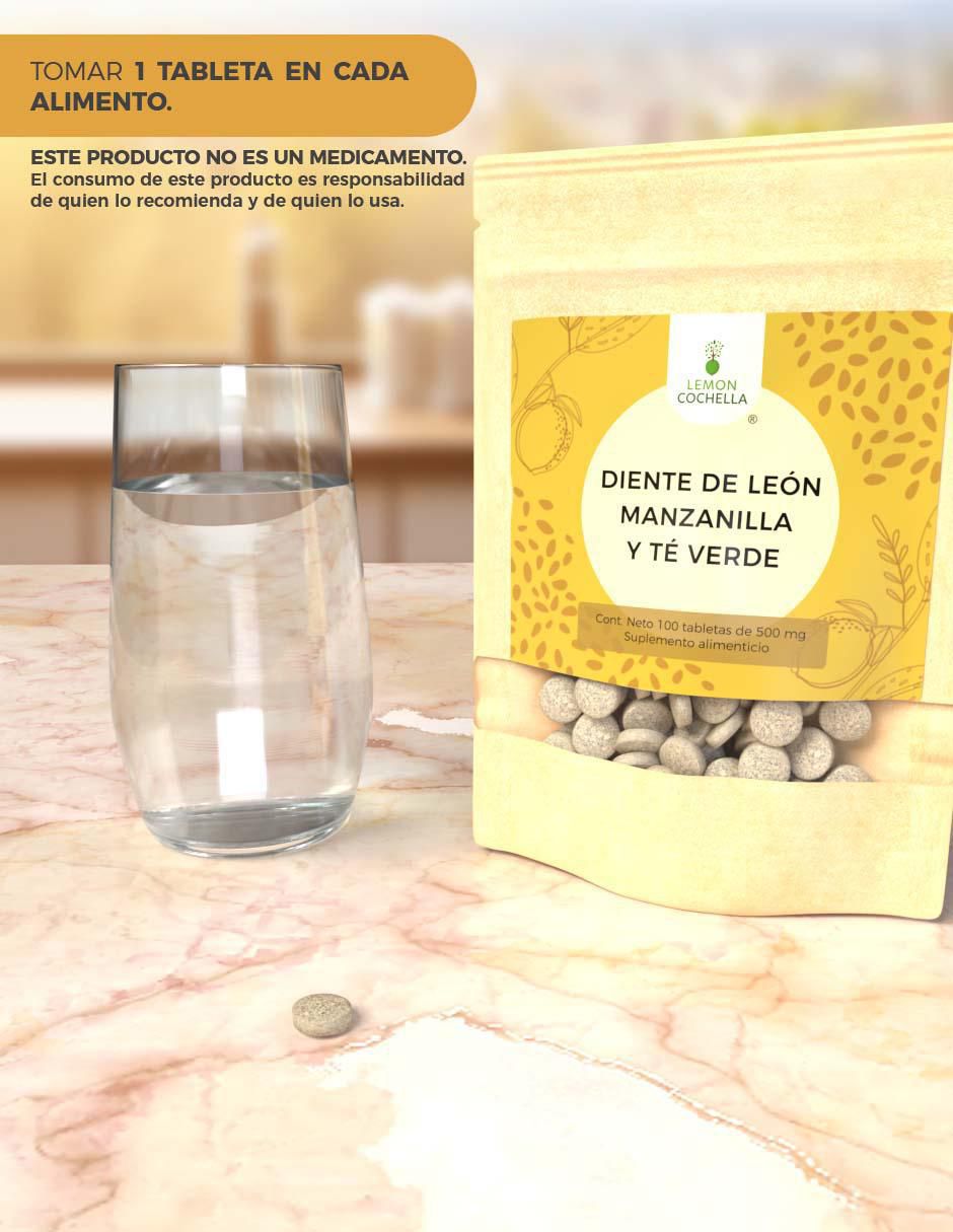 Diente de León Manzanilla y Té Verde con hoja de diente de león de 100 tabletas