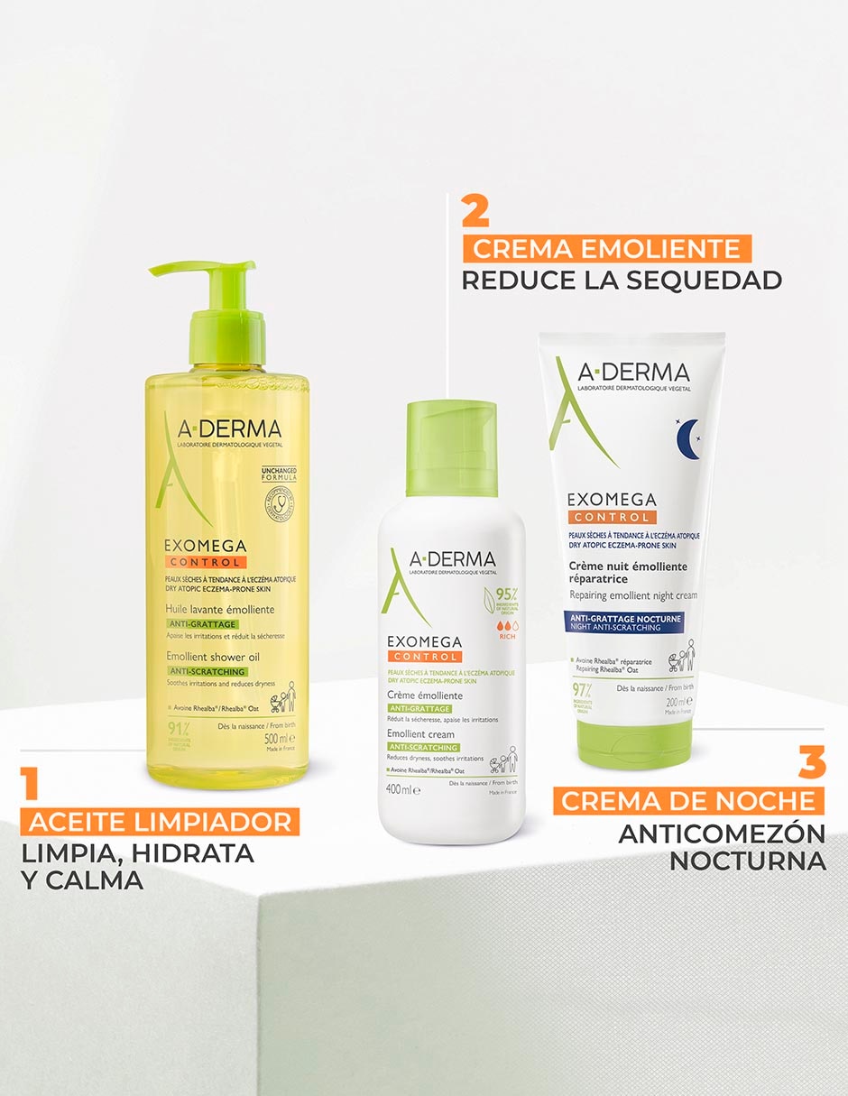 Crema para rostro y cuerpo recomendada para calmar la piel de día y noche Emoliente Anticomezón Exomega Control Aderma Exomega para piel sensible