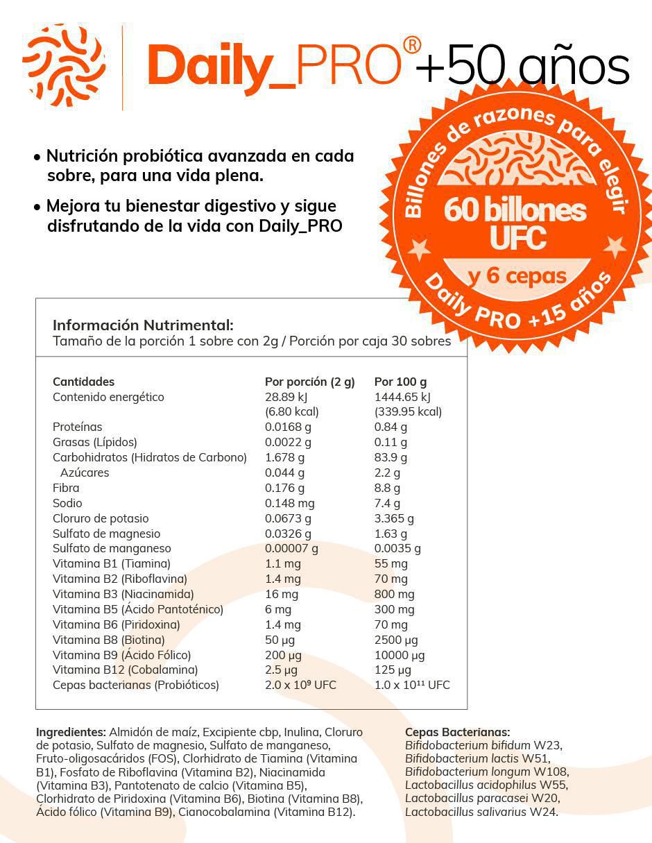 Daily Pro Adultos +50 con probióticos 60 billones sabor vainilla de 30 piezas
