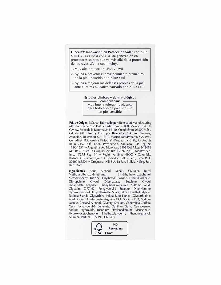 Tratamiento facial Sun Hydrofluid Tono Medio FPS50+ Eucerin Sun para eliminar el brillo 19