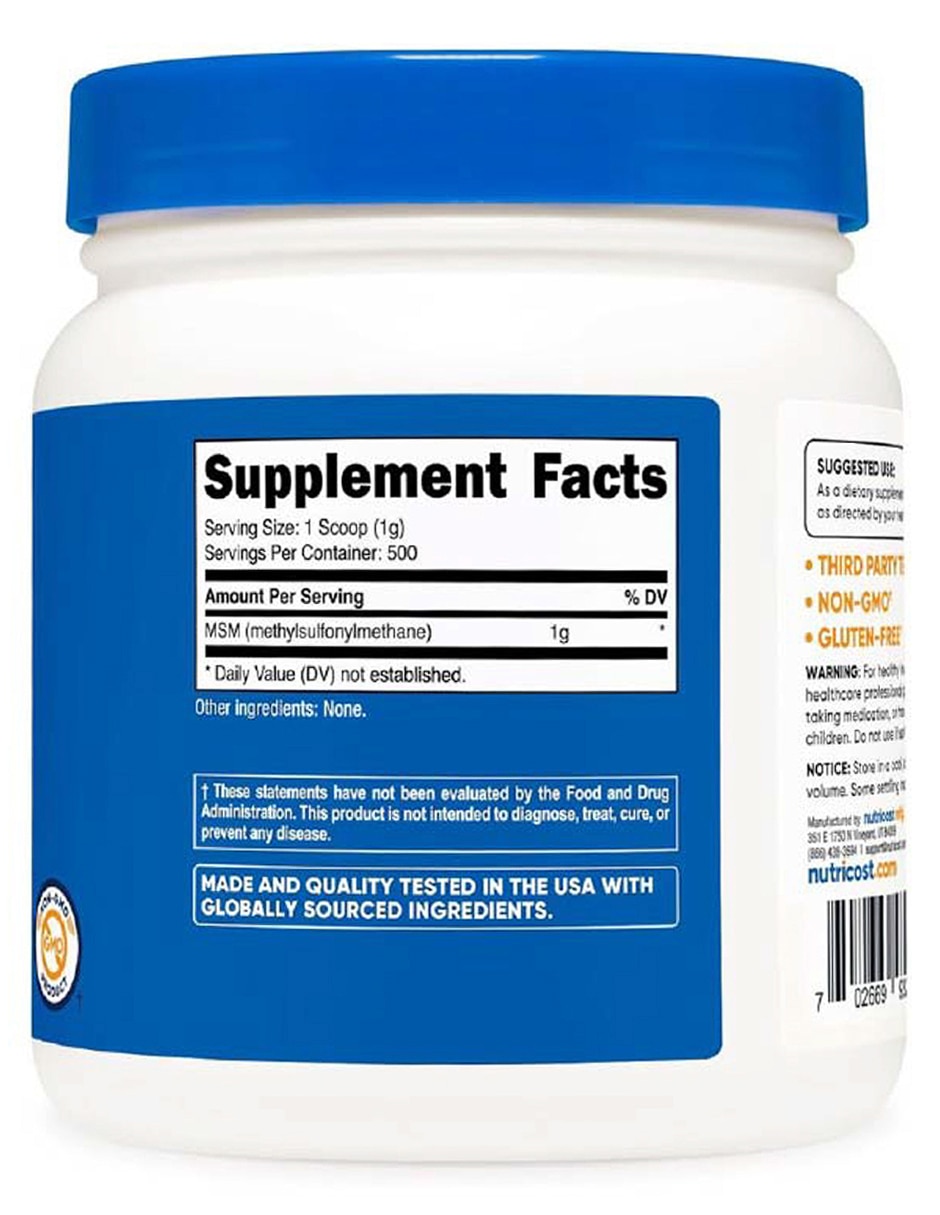 Nutricost MSM en Polvo– Azufre Orgánico para Articulaciones, Cabello y Salud Celular Nutricost con msm de 500 g
