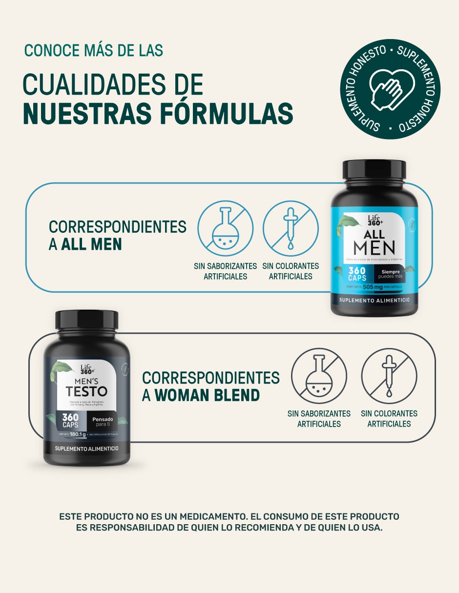 Set de suplementos alimenticios All Men & Mens Testo Life360+ con L-Arginina