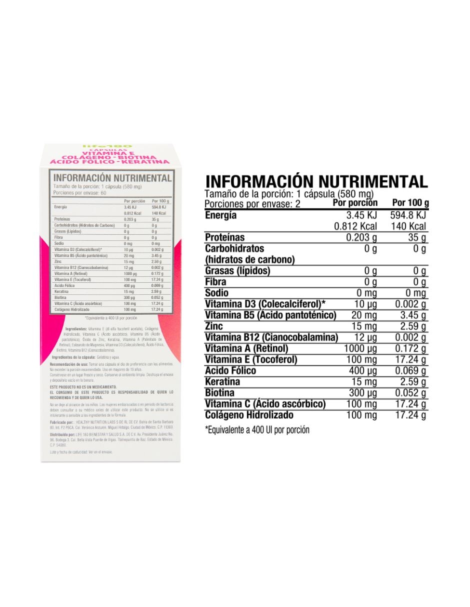 Cápsulas con Vitamina E, Colágeno, Biotina, Keratina Life 180 de 60 cápsulas