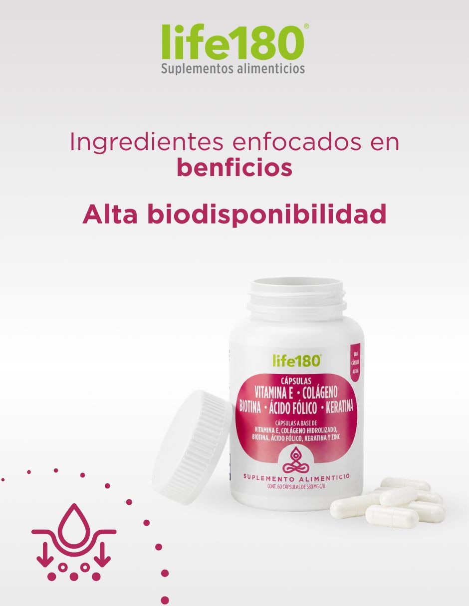 Cápsulas con Vitamina E, Colágeno, Biotina, Keratina Life 180 de 60 cápsulas