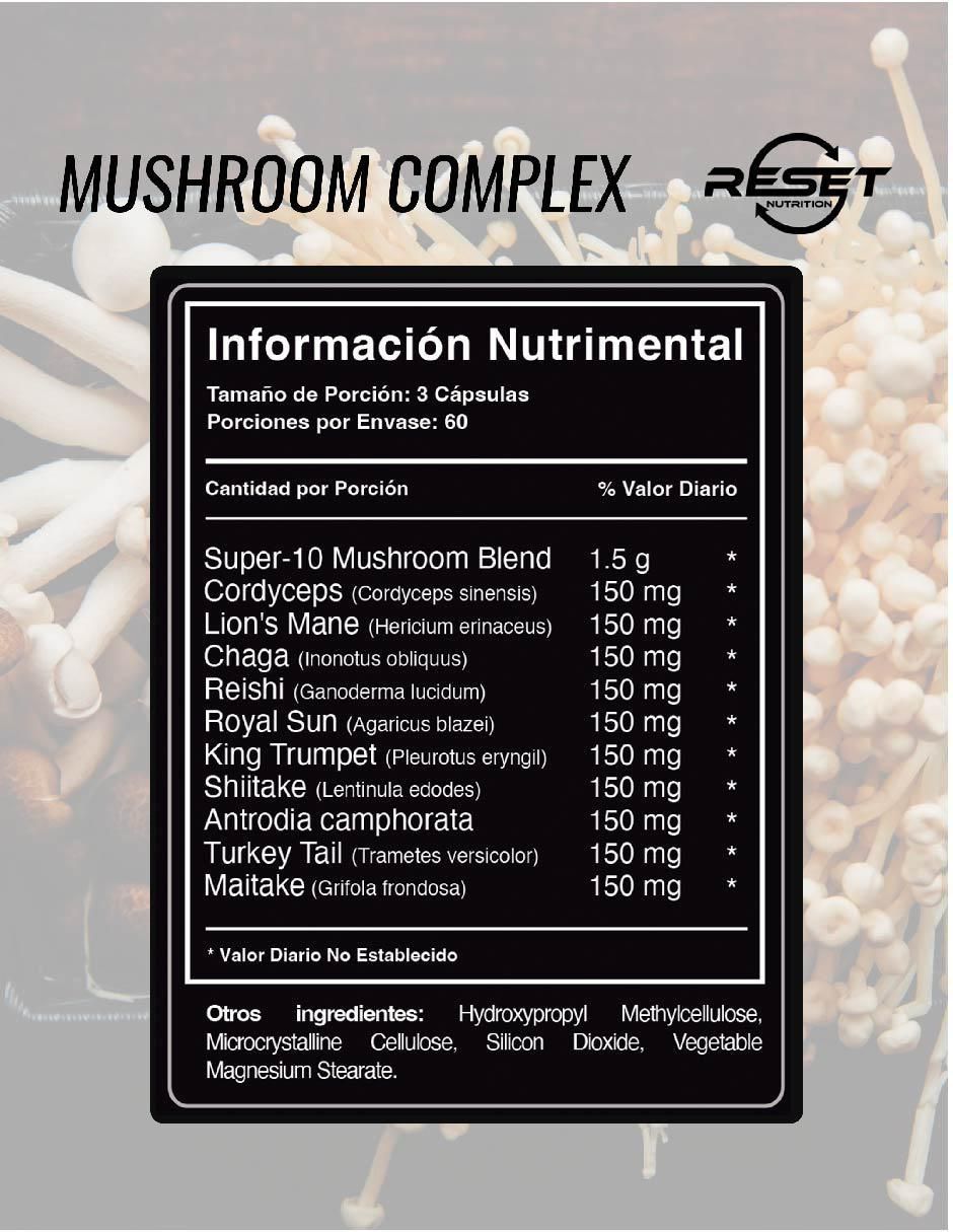 Mushroom Complex 10 Hongos Adaptógenos para Energía, Memoria, Inmunidad y Antioxidantes con hongos cola de pavo reishi maitake shiitake y chaga