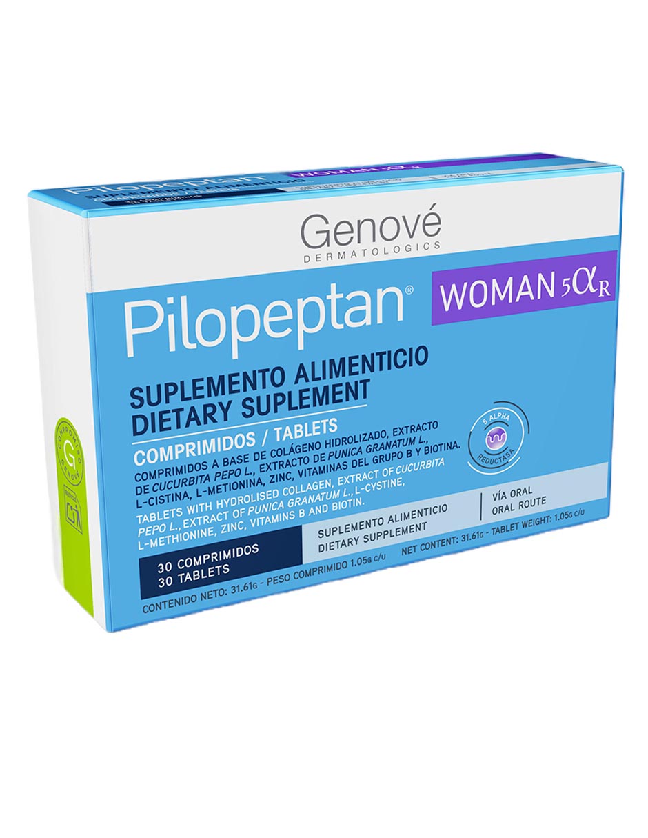 Pilopeptan woman 5 alpha r pilopeptan con comprimidos a base de colágeno hidrolizado,extracto de curcubita pepo l.,extracto de punica granatum l.,l-cistina,l-metionna,zinc,vitaminas del grupo b y biotina