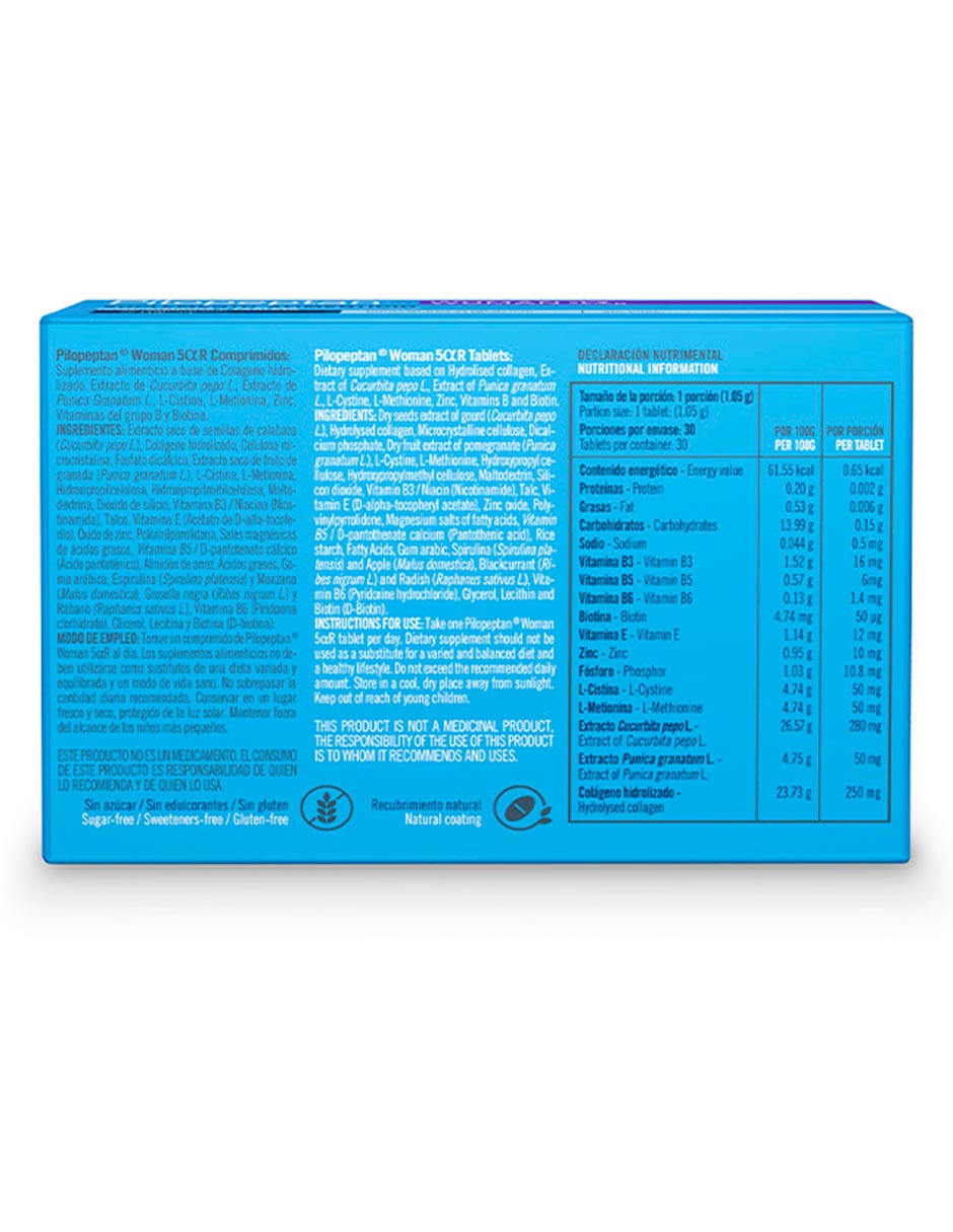 Pilopeptan woman 5 alpha r pilopeptan con comprimidos a base de colágeno hidrolizado,extracto de curcubita pepo l.,extracto de punica granatum l.,l-cistina,l-metionna,zinc,vitaminas del grupo b y biotina