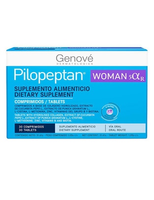 Pilopeptan woman 5 alpha r pilopeptan con comprimidos a base de colágeno hidrolizado,extracto de curcubita pepo l.,extracto de punica granatum l.,l-cistina,l-metionna,zinc,vitaminas del grupo b y biotina