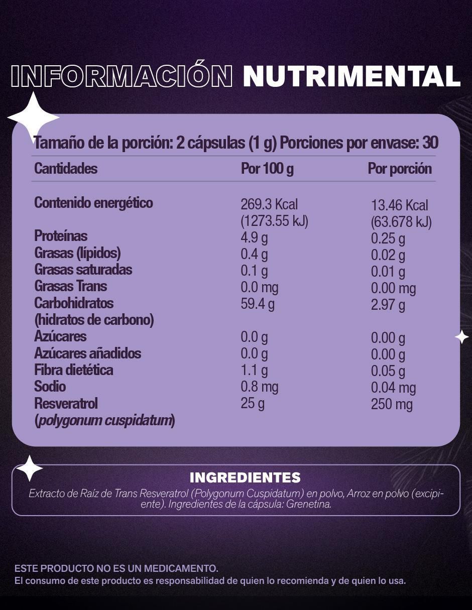 Trans Resveratrol Antioxidante sabor natural de 60 cápsulas Trans Resveratrol Antioxidante sabor natural de 60 cápsulas