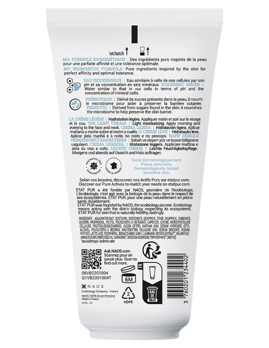 Tratamiento facial crema ligera hidratante hidratante etat pur