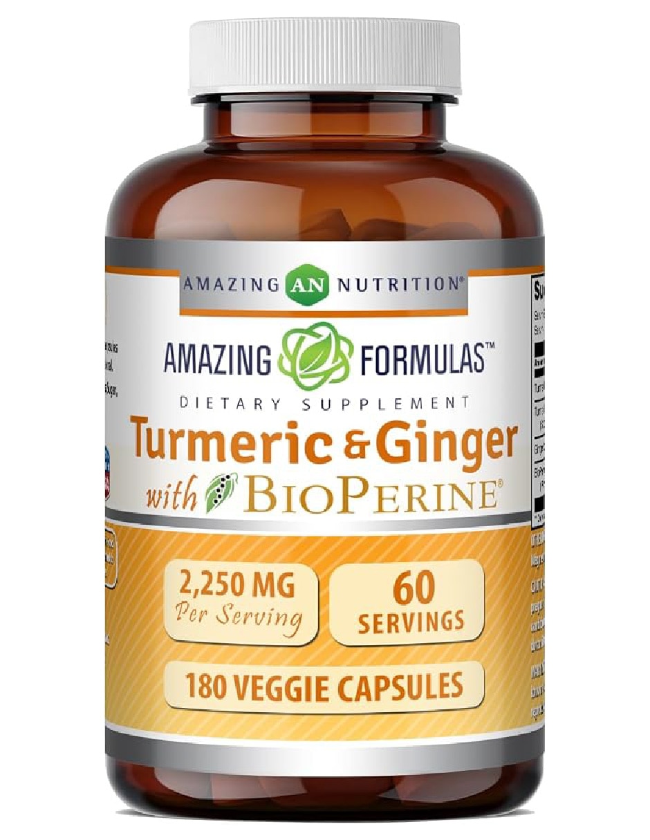 Cúrcuma y Jengibre con Bioperine 2,250 mg Suplemento Antiinflamatorio Natural Amazing Nutrition de 180 cápsulas 1